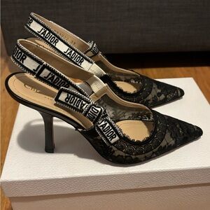 Christian Dior J’Adior Black Lace Slingback Heels with Logo Straps